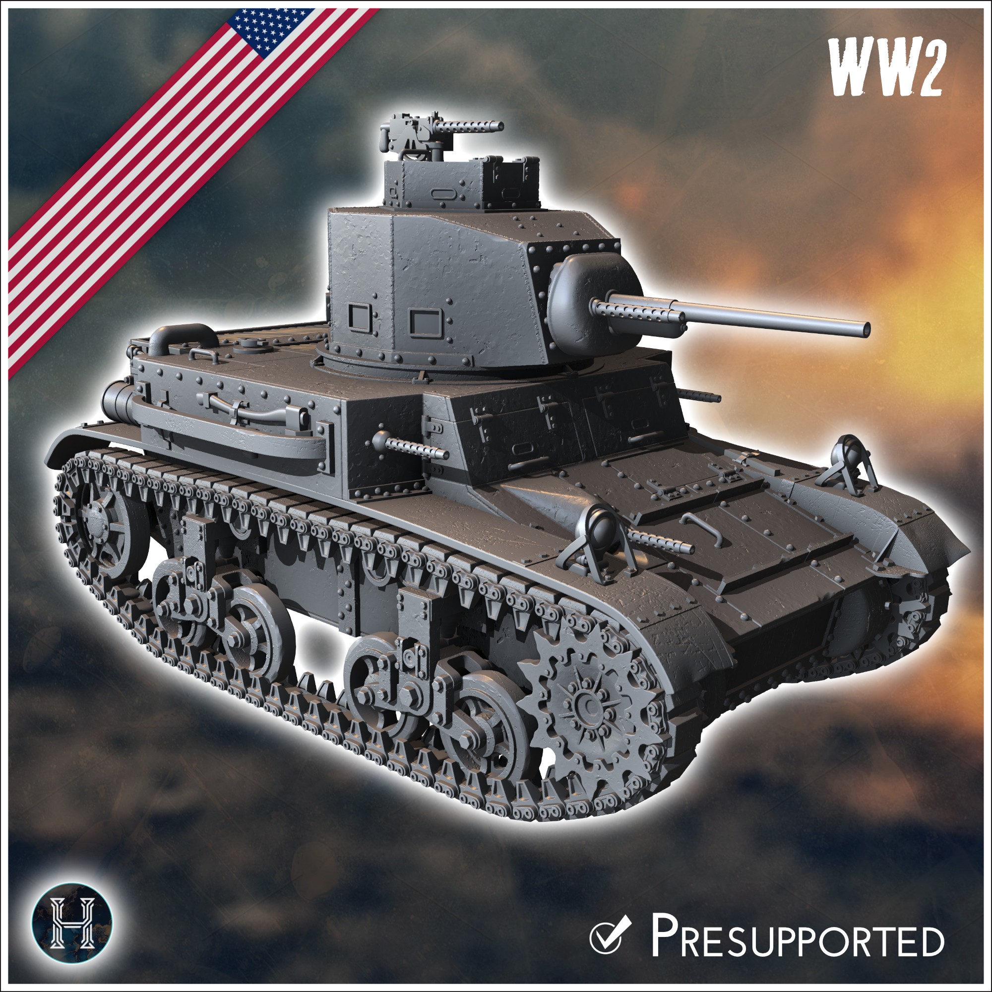 M2A4 Light Tank (combat damaged version) - USA US Army Western Front Normandy Africa Bulge WWII D-Day